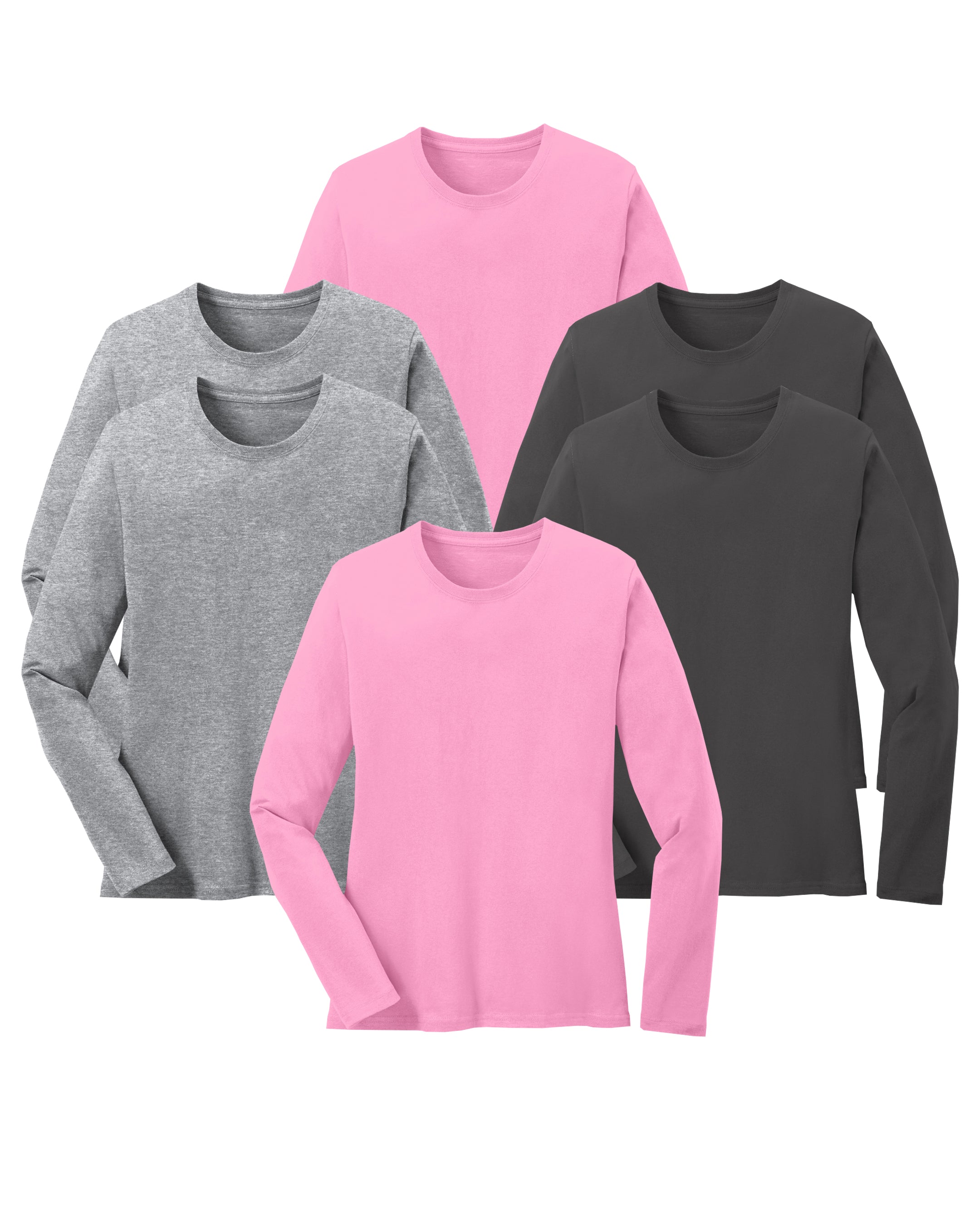 six long-sleeve shirts in pink, heather grey, and charcoal on a white background