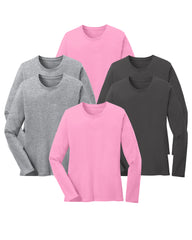 six long-sleeve shirts in pink, heather grey, and charcoal on a white background