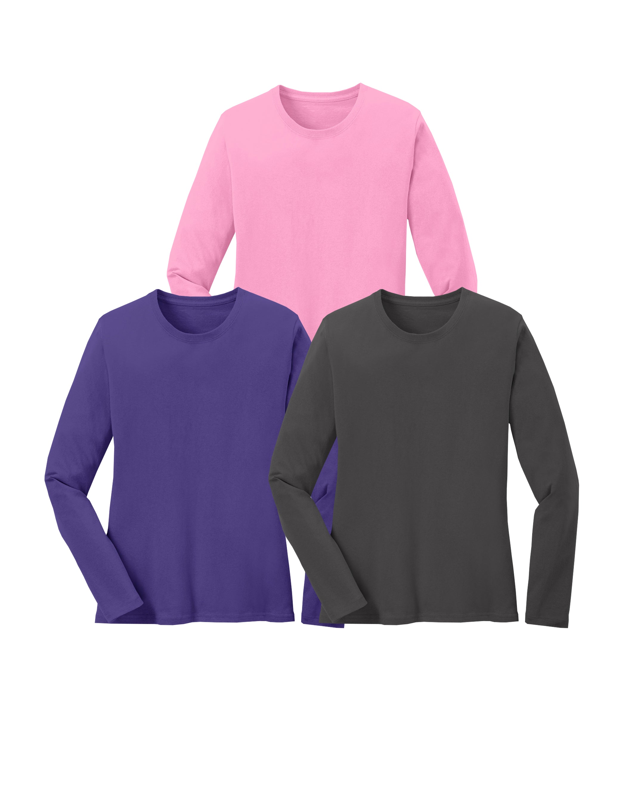 Three long-sleeve shirts in pink, purple, and charcoal grey on a white background