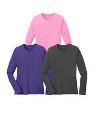 Three long-sleeve shirts in pink, purple, and charcoal grey on a white background