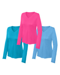 Three long-sleeve shirts in Carolina Blue, Atomic Blue, Neon Pink on a white background