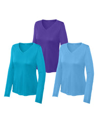 Three long-sleeve shirts in Carolina Blue, Atomic Blue, Purple on a white background
