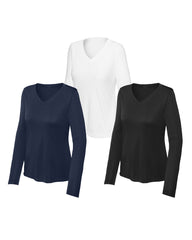 Three long-sleeve shirts in navy blue, white, and black on a white background