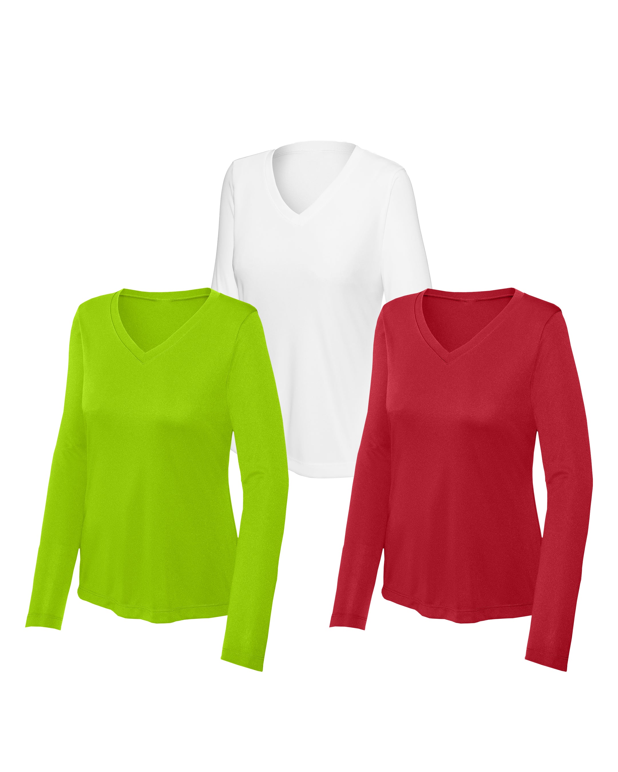 Three long-sleeve V-neck shirts in True Red, White , Lime Shock on a white background
