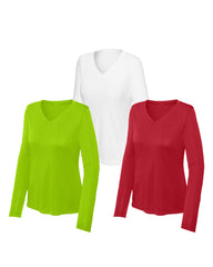 Three long-sleeve V-neck shirts in True Red, White , Lime Shock on a white background