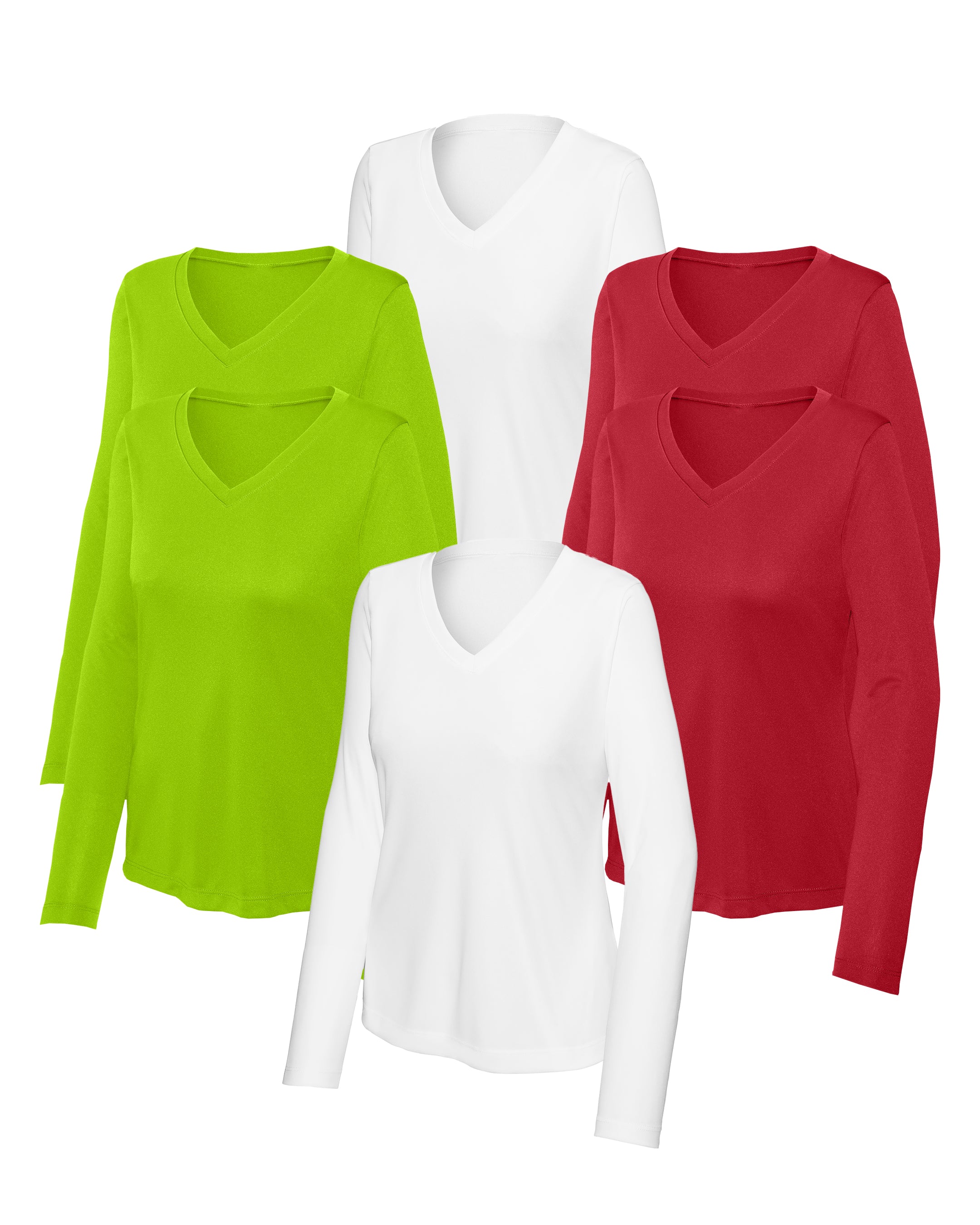 six long-sleeve V-neck shirts in True Red, White ,Lime Shock on a white background