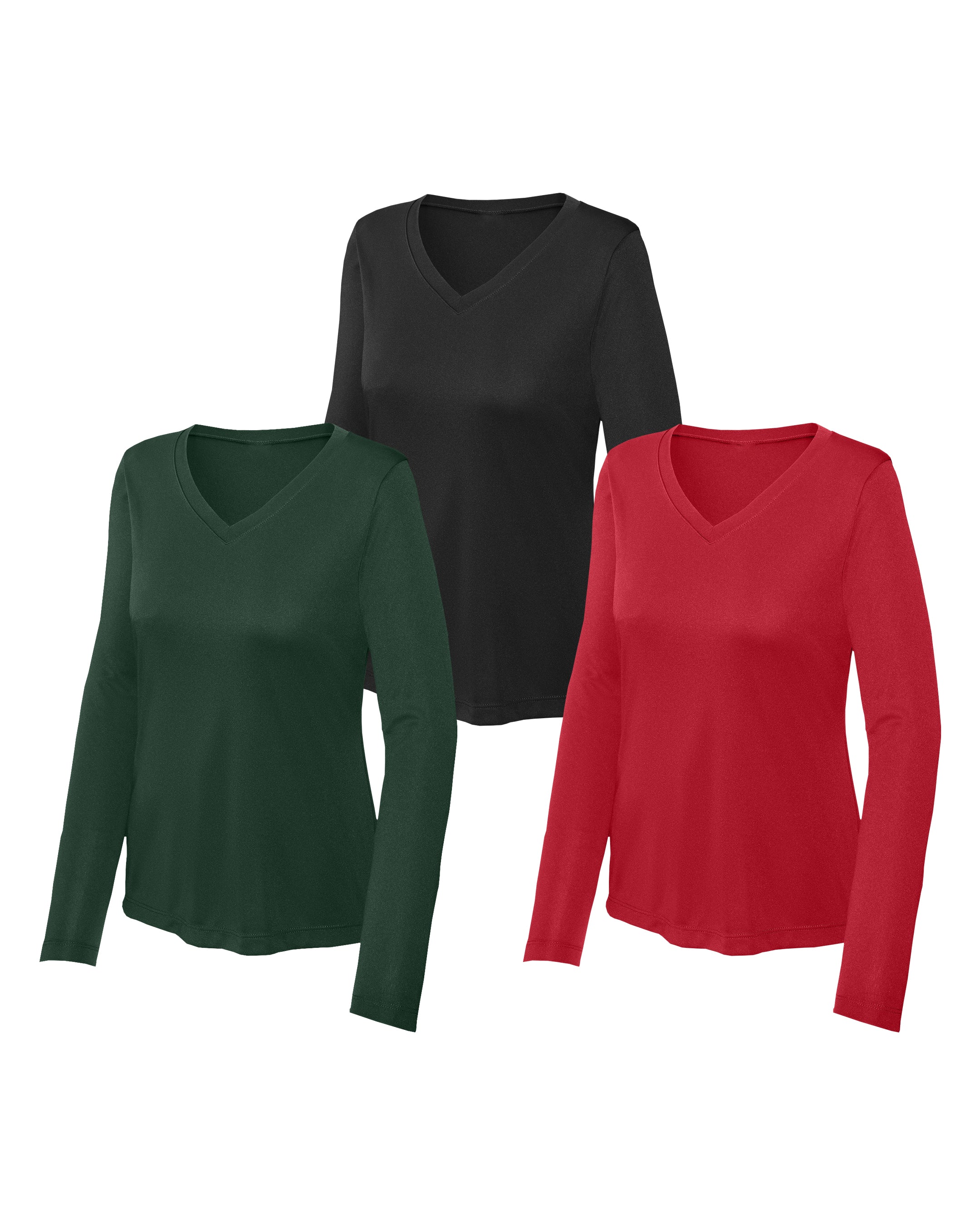 Three long-sleeve V-neck shirts in Black ,True Red, Forest Green on a white background