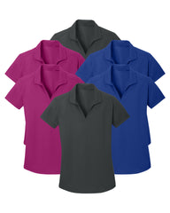 Set of six polo shirts in blue, pink, and grey on a white background