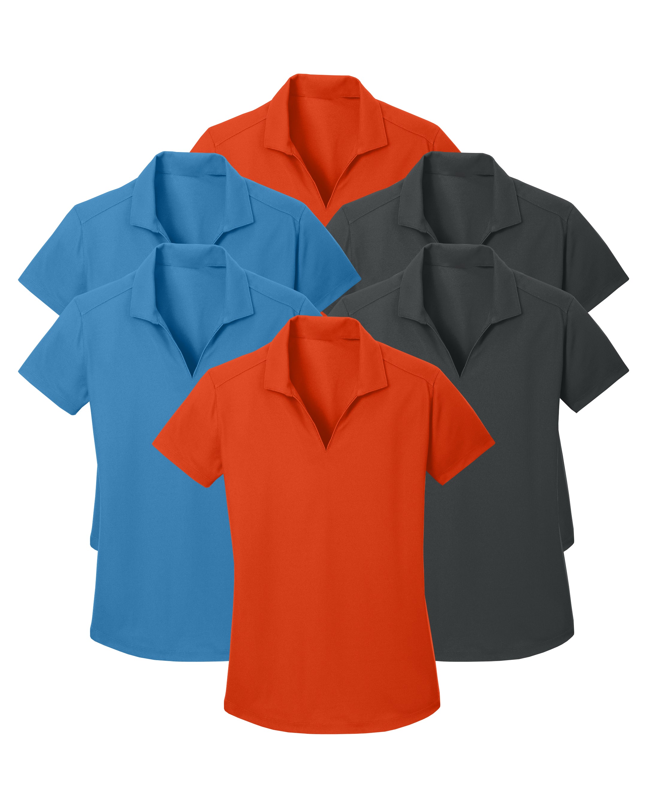 six polo shirts in red, blue, and gray on a white background