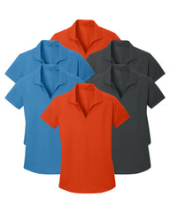 six polo shirts in red, blue, and gray on a white background
