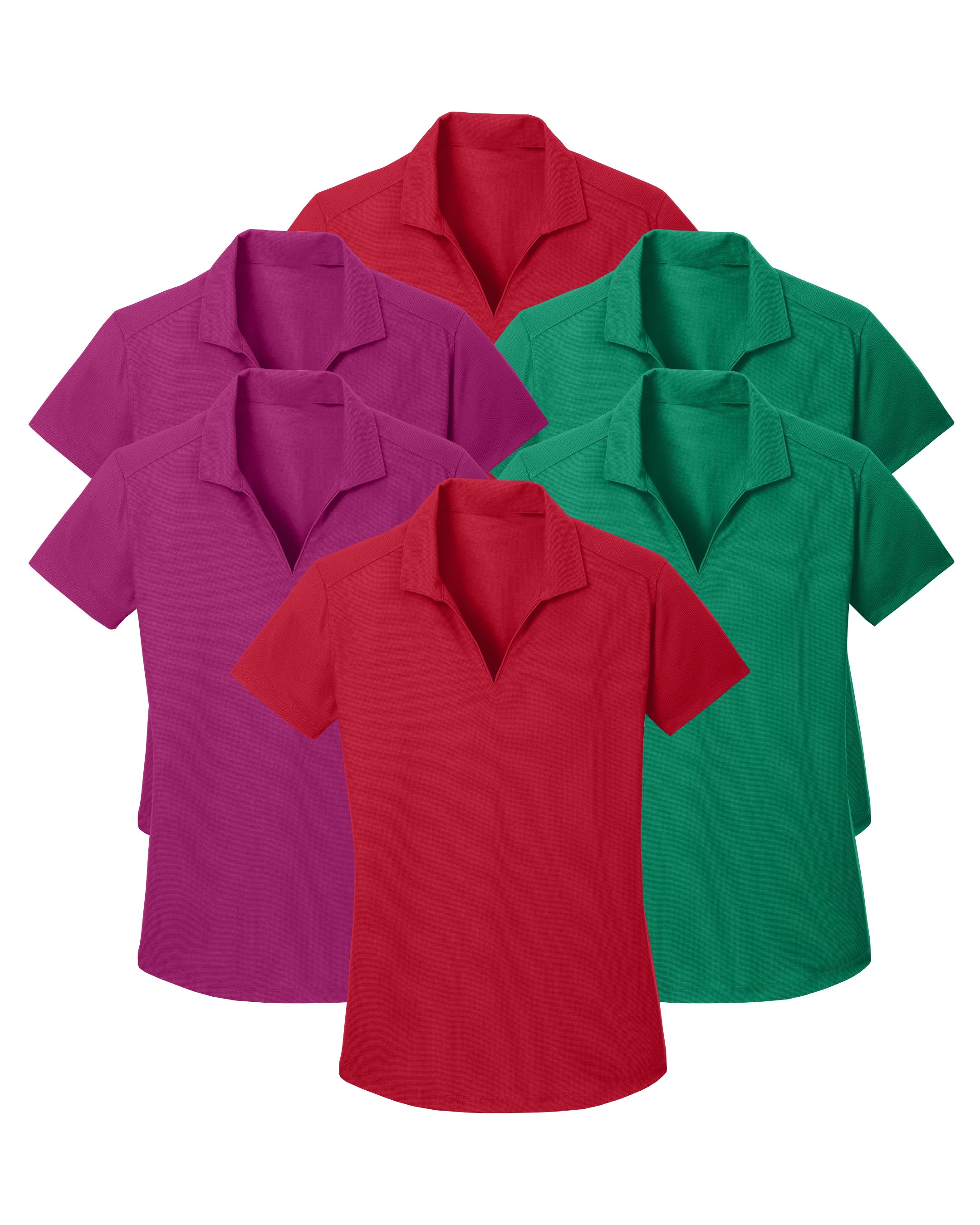 six polo shirts in red, green, and purple on a white background