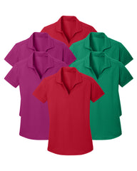 six polo shirts in red, green, and purple on a white background