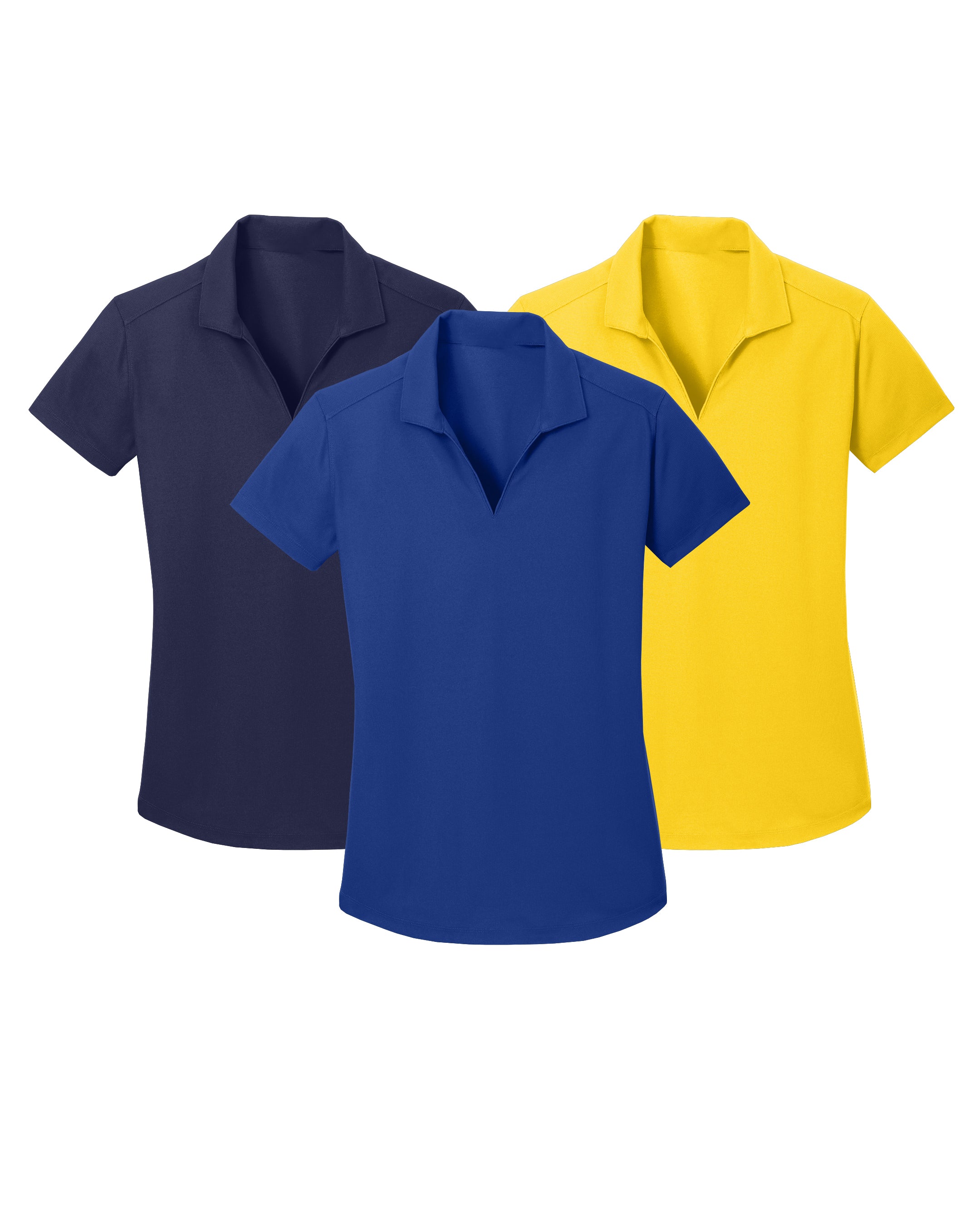 Three polo shirts in navy, blue, and yellow on a white background