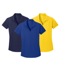 Three polo shirts in navy, blue, and yellow on a white background