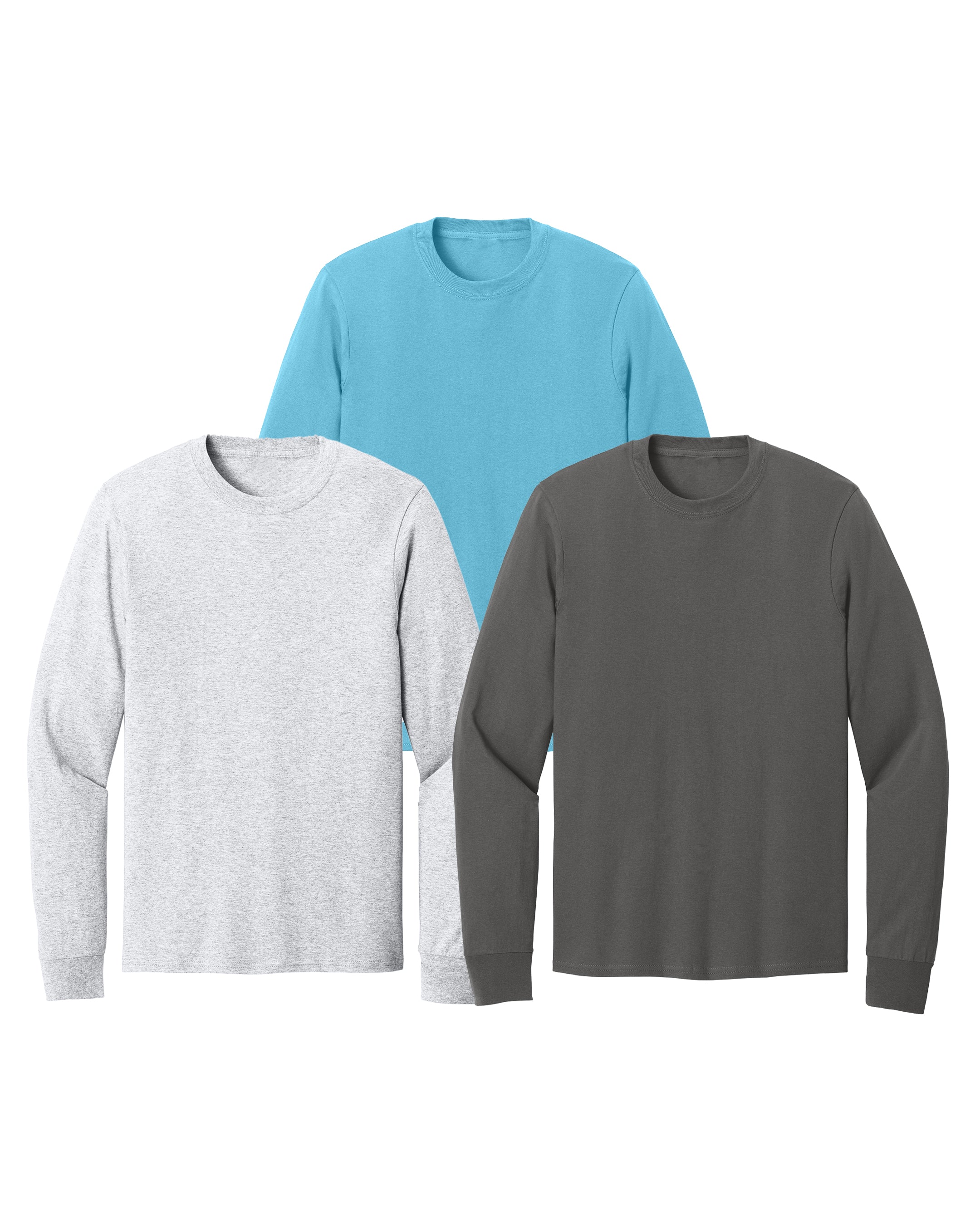 Three long-sleeve shirts in blue, grey, and ash white on a white background
