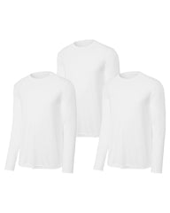 Three white mens long-sleeve shirts on a white background