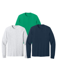 Three long-sleeve shirts in green, navy blue, and green on a white background