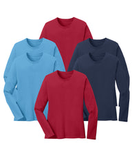 six  long-sleeve shirts in red, light blue, and navy on a white background