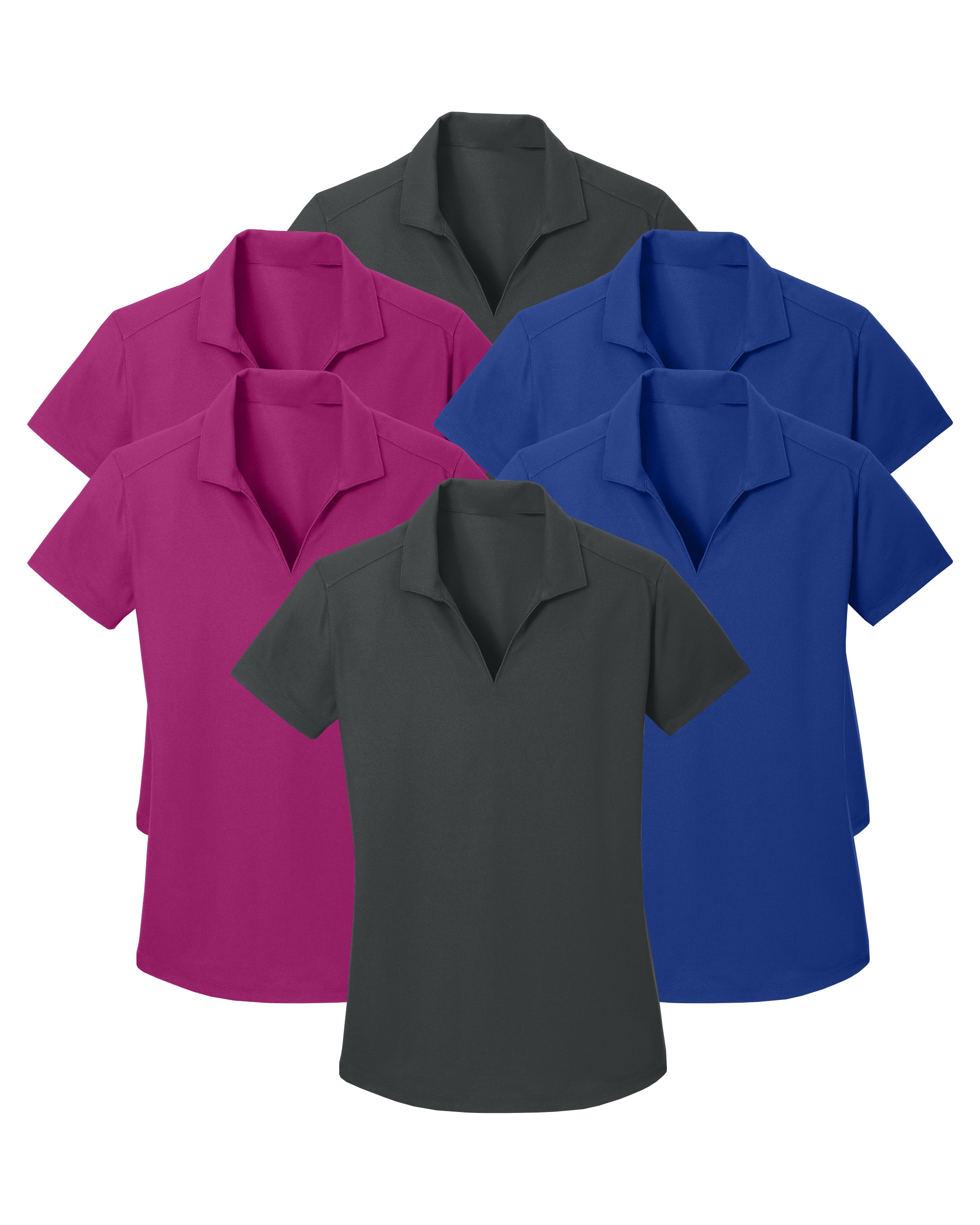 Set of six polo shirts in blue, pink, and grey on a white background